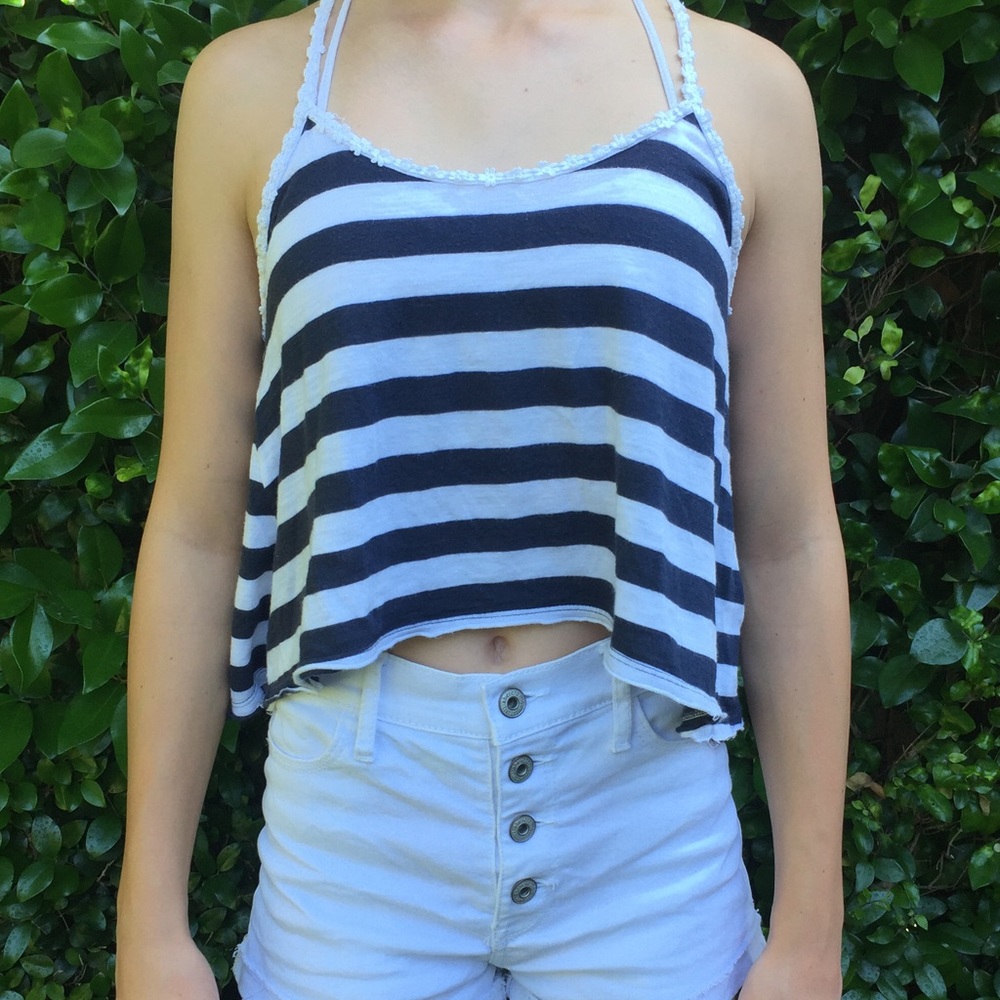 Cute Stripped Cropped Tank with Flower Straps